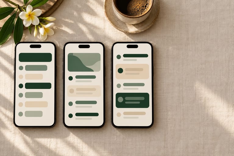 Three phones lying side by side on cream linen, each screen showing a different abstract list of rounded bars, with a frangipani sprig and a cup of coffee. Three AI assistants, three different shortlists of aesthetic clinics in Bali.