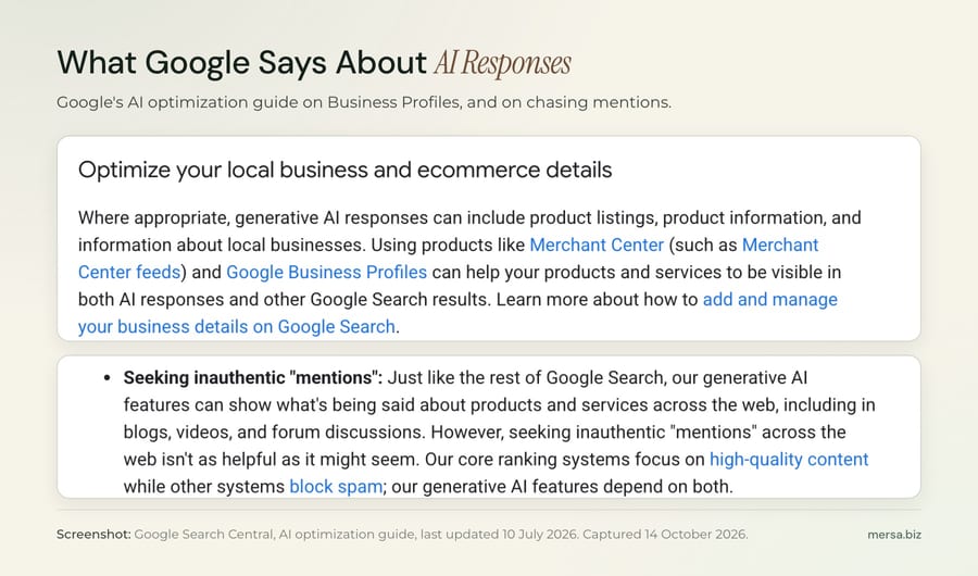 Screenshot of Google's AI optimization guide: Google Business Profiles can help products and services be visible in AI responses, and seeking inauthentic mentions isn't as helpful as it might seem.