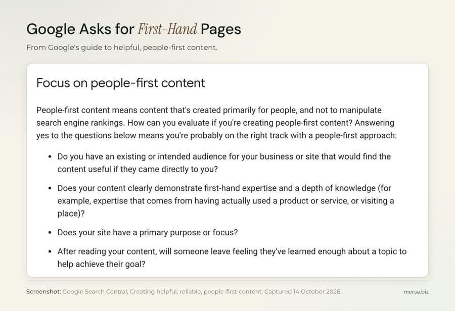 Screenshot of Google's guide to people-first content, asking whether content shows first-hand expertise.