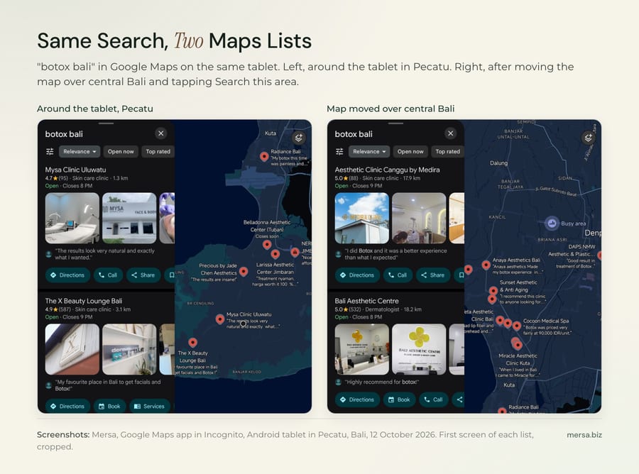 Two real Google Maps screenshots for botox bali from the same tablet: around Pecatu the list opens with Mysa Clinic Uluwatu, over central Bali with Aesthetic Clinic Canggu by Medira and Bali Aesthetic Centre.