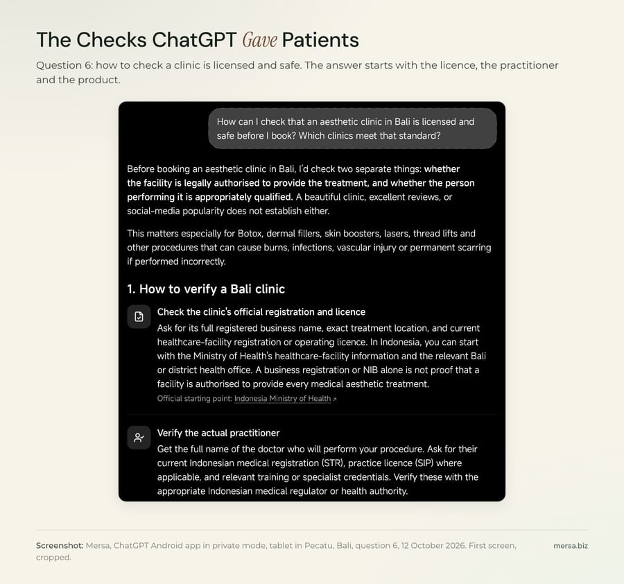 Screenshot of ChatGPT answering how to check that an aesthetic clinic in Bali is licensed: check the clinic's registration and licence, then verify the actual practitioner.