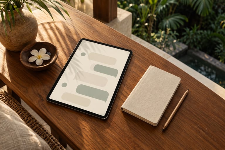A tablet lying on a teak table on a Bali veranda at night, its screen showing an abstract chat layout, with a notebook and pencil beside it.