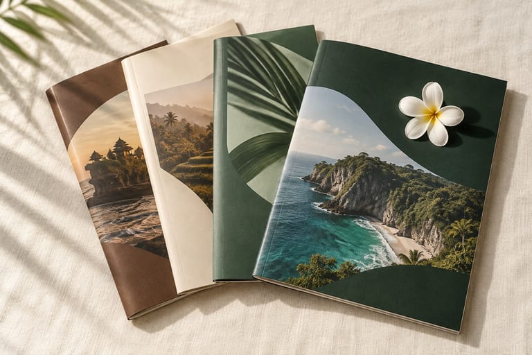 A fan of closed travel magazines and folded guide pamphlets in forest, sage and coffee tones on cream linen, with a frangipani blossom.