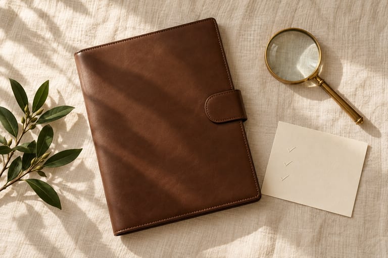 A closed leather document folder, a brass magnifying glass and a blank card with three embossed tick marks on cream linen.