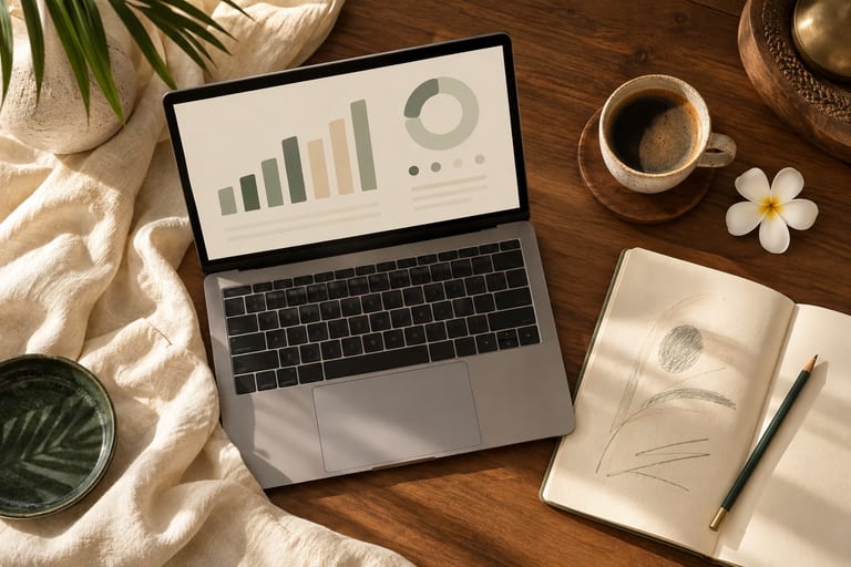 A work desk seen from above with an open laptop showing an abstract dashboard of bars and dots, a notebook, a cup of coffee and a frangipani blossom.