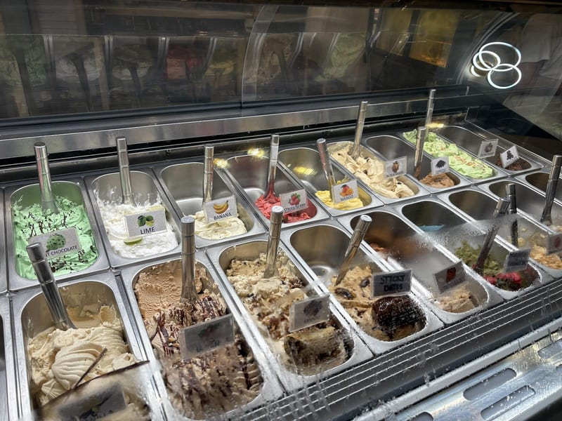 The gelato display with rows of flavours at Vaniglia Gelato and Pastry