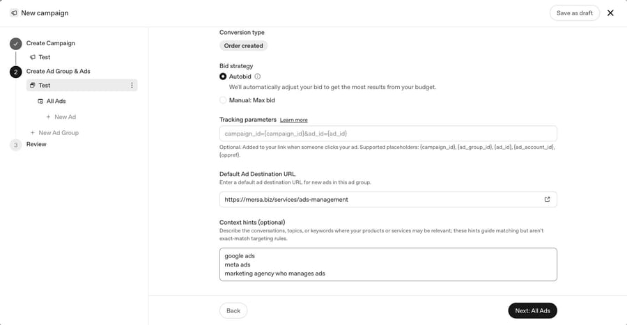 The ad group step in OpenAI Ads Manager: bid strategy Autobid, the tracking parameters field, the default destination URL, and a context hints box holding three short lines.