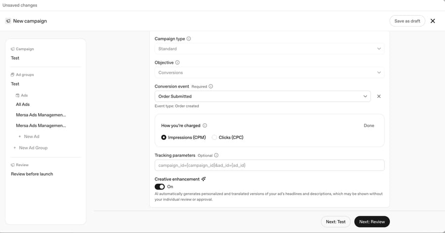 A new Conversions campaign in OpenAI Ads Manager: the conversion event set to Order Submitted, and a How you're charged choice between Impressions (CPM), selected, and Clicks (CPC).