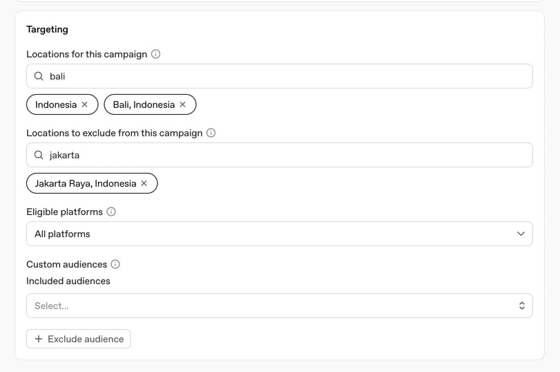 The Targeting section of an OpenAI Ads Manager campaign: locations Indonesia and Bali, Indonesia included, Jakarta Raya, Indonesia excluded, all platforms, and an empty custom audiences field.