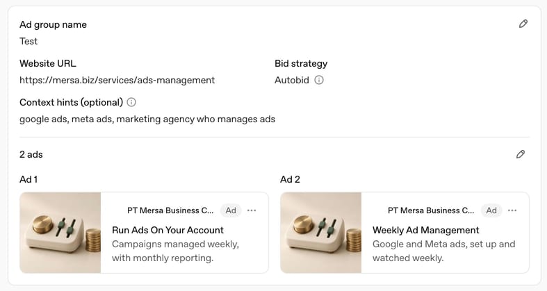 An ad group preview in OpenAI Ads Manager: the website URL mersa.biz/services/ads-management, Autobid, the context hints, and two ads from PT Mersa Business Consulting, each with a picture, the Ad label, a headline and one line of copy.