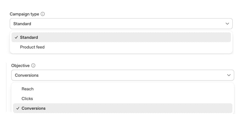 The Campaign type menu in OpenAI Ads Manager with Standard and Product feed, above the Objective menu with Reach, Clicks and Conversions.