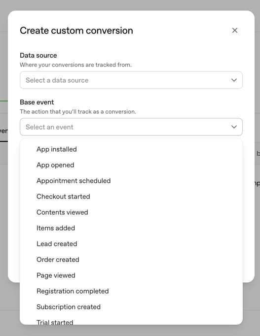 The Create custom conversion form in OpenAI Ads Manager with the Base event list open: App installed, App opened, Appointment scheduled, Checkout started, Contents viewed, Items added, Lead created, Order created, Page viewed, Registration completed, Subscription created, Trial started.