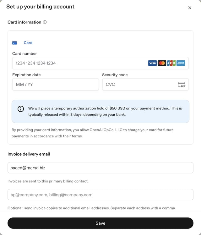 The Set up your billing account form in OpenAI Ads Manager: card number, expiry date and security code, with the Visa, Mastercard, JCB and American Express logos, and a note that OpenAI will place a temporary authorization hold of $50 USD, typically released within 8 days, above the invoice delivery email.