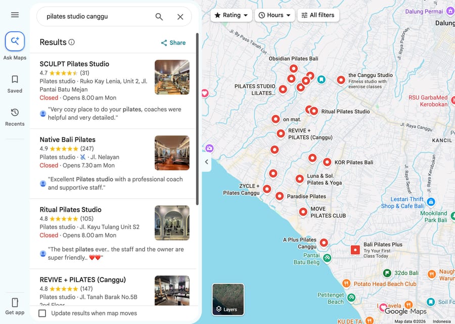 A Google Maps search for pilates studios in Canggu: a list of studios with star ratings and review quotes, beside a map with about twenty red pins
