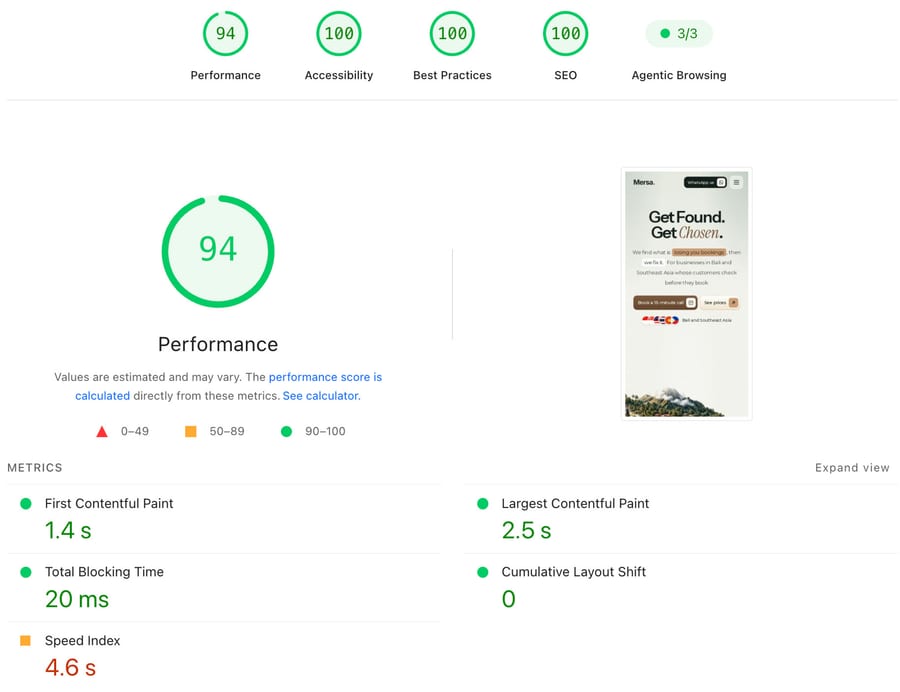 PageSpeed Insights mobile report for mersa.biz: Performance 94, Accessibility, Best Practices and SEO 100, with the homepage as a phone shows it