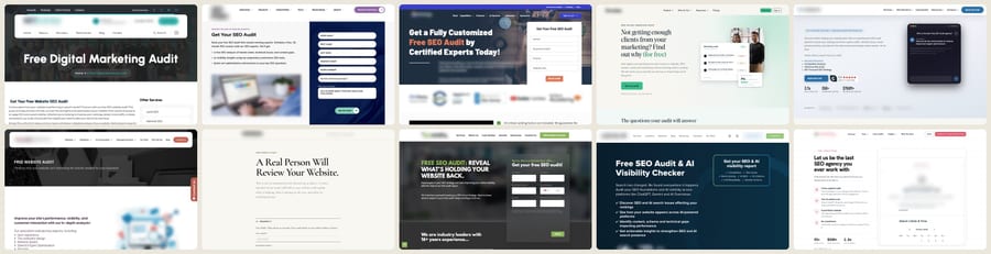 Ten free audit landing pages from SEO and marketing agencies, side by side with their logos and names blurred: almost every one is a headline promising a free SEO or website audit next to a short form asking for a name, an email and a website address