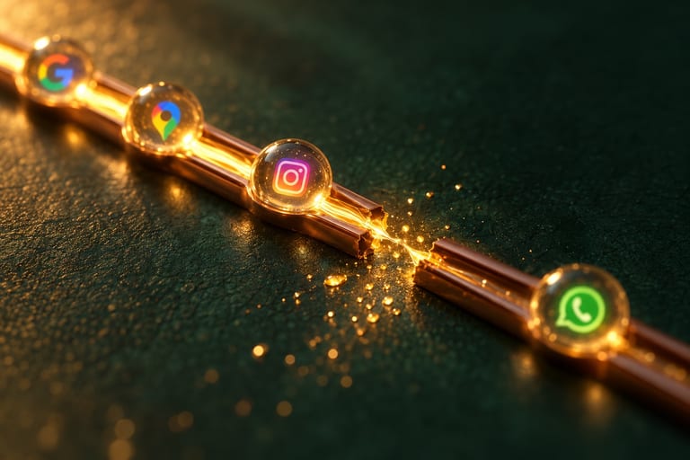 A copper channel of light runs past glass beads holding the Google, Google Maps and Instagram logos, then breaks before the WhatsApp bead, and the light spills out onto a dark green surface