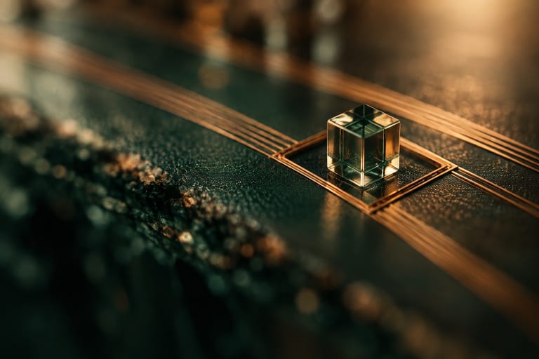 An abstract macro render: fine copper ruled lines on dark forest green forming a boundary, with one small glass block sitting exactly inside it.