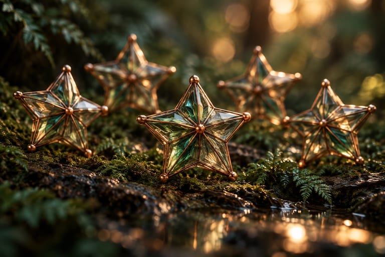 An abstract macro render: five small glass-and-copper stars resting on dark moss, the middle one in focus.