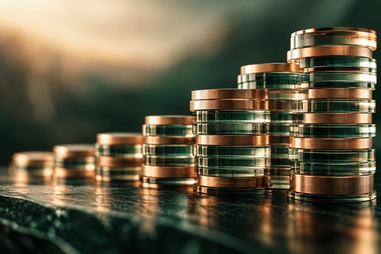 An abstract macro render: stacks of thin copper and glass discs rising like a staircase on a dark surface.