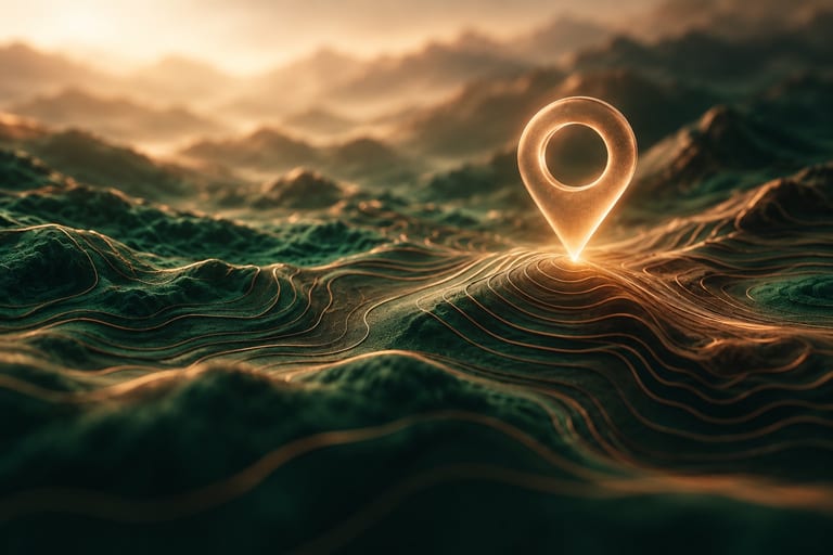 An abstract macro render: a map pin made of copper light rising from a dark green topographic contour landscape.