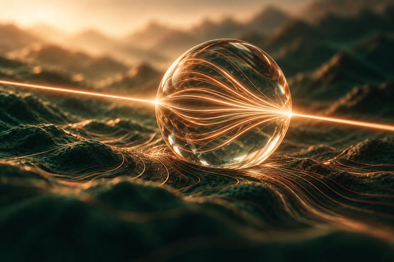 An abstract macro render: a glass orb on a dark green contour landscape gathering a beam of copper light into fine strands.