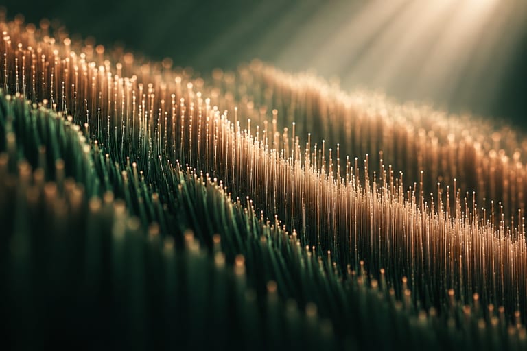 An abstract macro render: dense rows of thin glowing copper strands over dark green, lit by a soft beam.