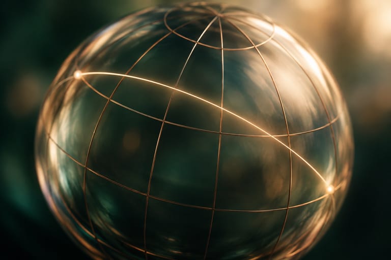 An abstract macro render: a glass globe with fine copper meridian lines and an arc of light crossing it.