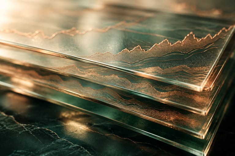 An abstract macro render: a stack of glass panels, each etched with a fine copper line chart.