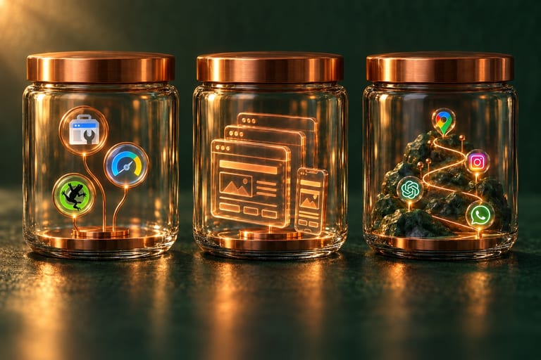 Three identical glass jars with copper lids on dark green: one holds the Search Console, PageSpeed Insights and Screaming Frog logos, one a stack of glass web pages with a phone, and one a small landscape with a glowing path past the Google Maps, Instagram, ChatGPT and WhatsApp logos.