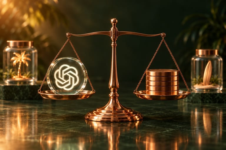 A copper balance scale on dark green, with the OpenAI logo in a glass disc on one pan and a stack of copper coins on the other, between two glass jars holding a palm tree and a surfboard.