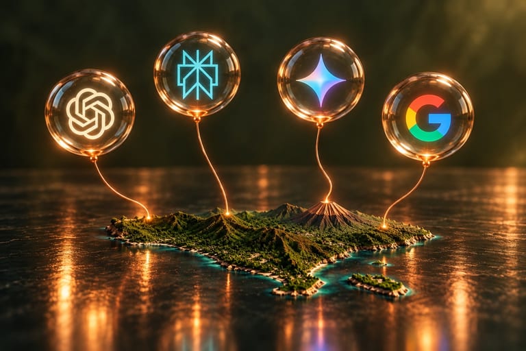 A small model of Bali with its copper volcano on a dark glossy table, under four floating glass spheres holding the ChatGPT, Perplexity, Gemini and Google logos.