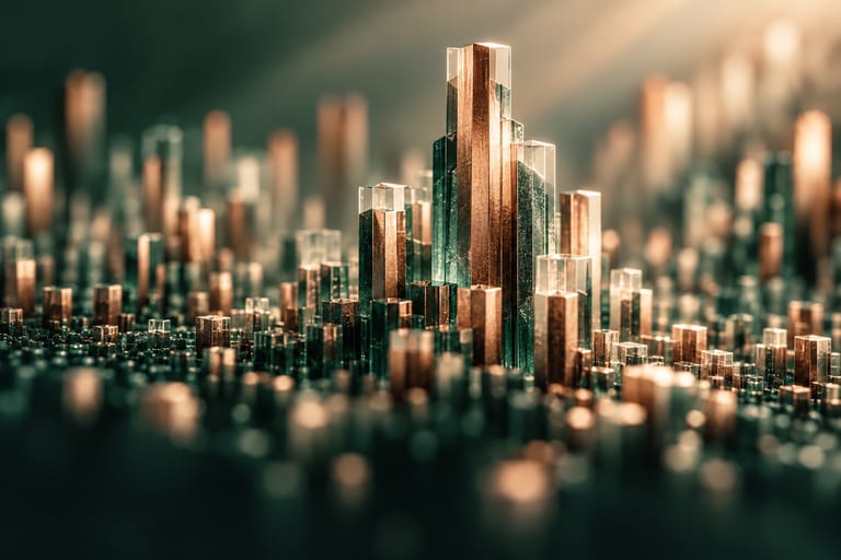 An abstract macro render: one tall glass-and-copper column among many smaller columns, seen from a low angle.