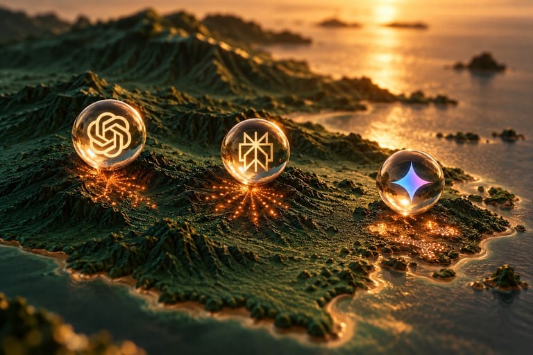 Three glass spheres on a dark green relief of Bali at sunset, marked with the ChatGPT, Perplexity and Gemini logos, each focusing copper light onto a different cluster of glowing points.