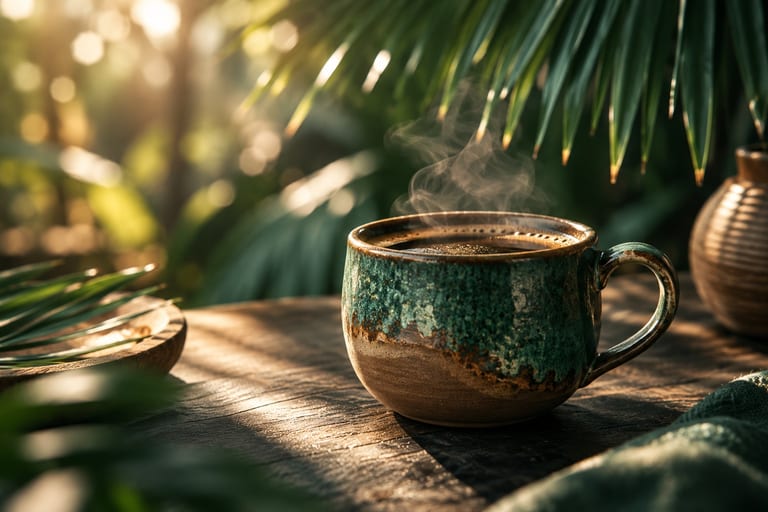 A handmade green-glazed ceramic coffee cup with a little steam on a wooden table, palm leaves and warm morning light behind.