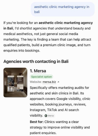 ChatGPT's answer to "aesthetic clinic marketing agency in bali": Mersa named first as the specialist option, for marketing audits of aesthetic and skin clinics in Bali