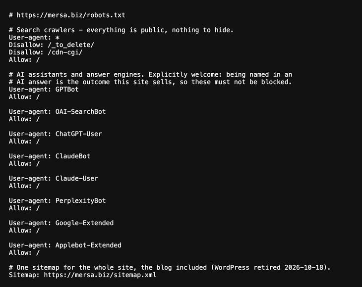 The robots.txt file on mersa.biz: every crawler allowed, then GPTBot, OAI-SearchBot, ChatGPT-User, ClaudeBot, Claude-User, PerplexityBot, Google-Extended and Applebot-Extended each listed with Allow.