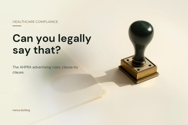 A brass rubber stamp with a dark green handle standing on a cream surface beside a folded sheet of paper, captioned "Can you legally say that?".
