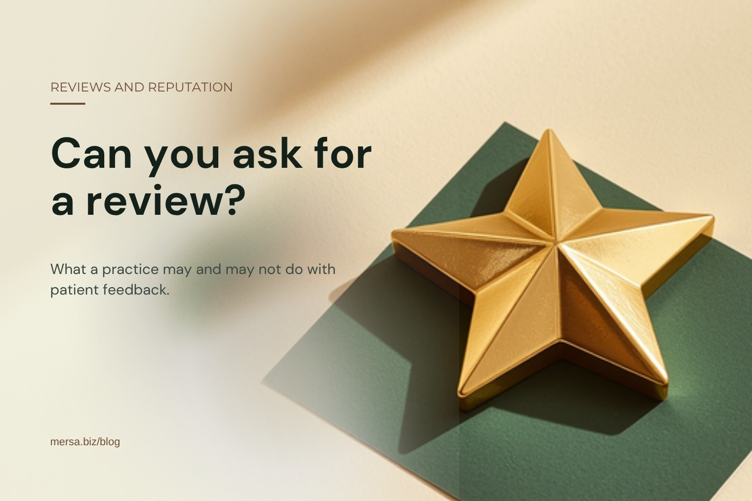 A brass five-pointed star paperweight resting on a dark green card on a cream ground, captioned "Can you ask for a review?".