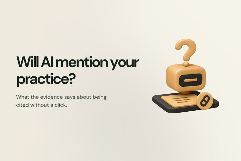 A 3D-rendered robot head with a question mark above it sitting on a dark tray beside a document, on a cream ground, captioned "Will AI mention your practice? What the evidence says about being cited without a click."