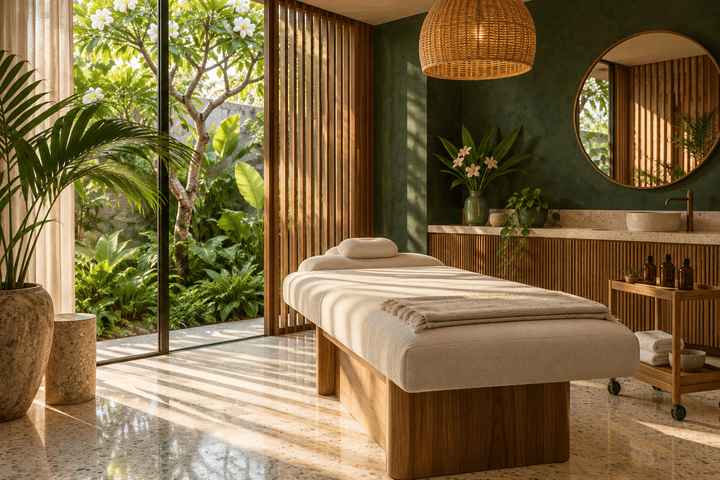 An empty, calm skin clinic treatment room in Bali with a linen-covered treatment bed, timber screens, a round mirror and a tropical garden in warm morning light.
