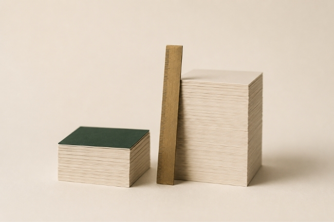 A short stack of cream cards topped in dark green next to a much taller stack, with a brass ruler standing upright between them.