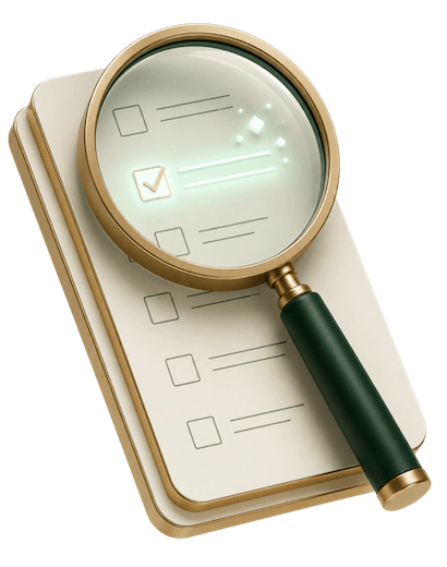 A tilted 3D magnifying glass resting against a stack of report cards, its lens highlighting one checklist item glowing gold, representing the single highest-priority fix from a marketing audit.