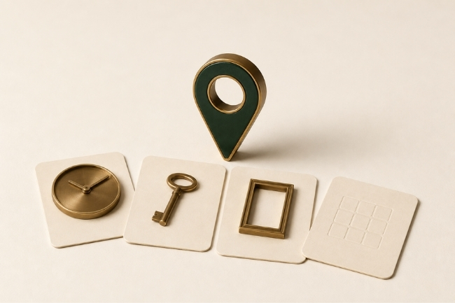 A brass and dark green map pin standing above four cream cards embossed with a clock face, a key, an empty picture frame and a nine-square grid.