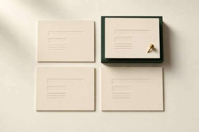 Four identical cream cards embossed with a web page layout, arranged in a grid, one of them raised on a dark green tray and marked with a brass pin.