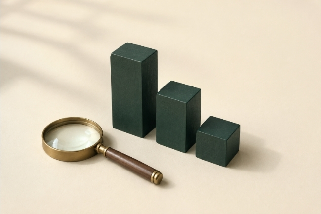 A brass magnifying glass with a wooden handle beside three dark green blocks descending in height like a ranking chart.
