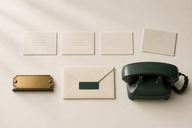 A row of four blank cream cards above an engraved brass name plate, a cream envelope with a green label, and a dark green desk telephone.