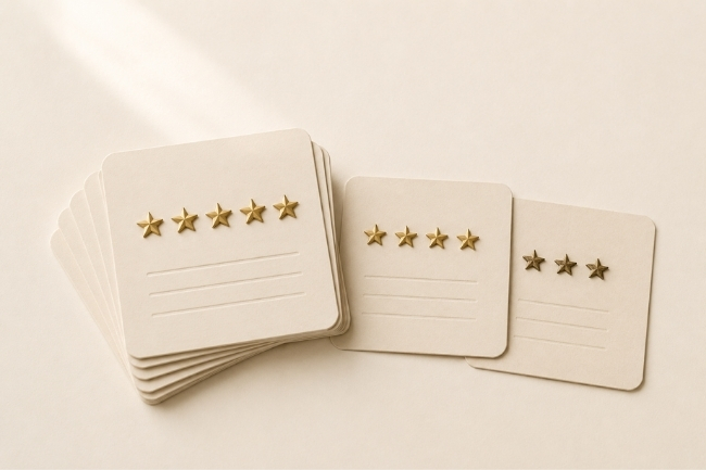 Three groups of cream review cards, the tall stack topped with five brass stars, the next with four and the last with three.