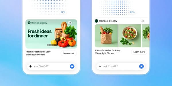 Two phones showing ChatGPT ads from an example grocery brand, each card marked Ad, with a Learn more button above the Ask ChatGPT box