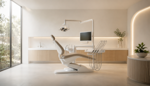 A bright, calm dental clinic treatment room with natural light
